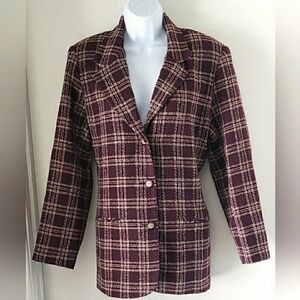 Alfred Dunner 80s Vintage Blazer Wine Purple Cream Plaid Jacket 10 Medium CL43